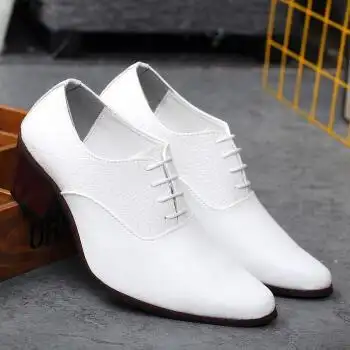 10cm8cm6cm男士休闲皮鞋潮粗跟白色英伦尖头高跟鞋男发型师男鞋酒吧夜