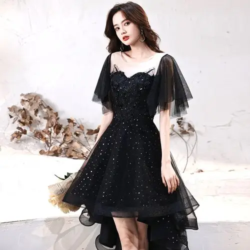 黑色小晚礼服女2021新款宴会气质前短后长高端轻奢小众星空连衣裙