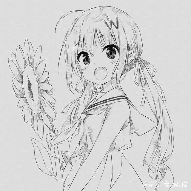 手绘教学:教你画一枚向日葵漫画女孩 萌妹子小虎牙很可爱