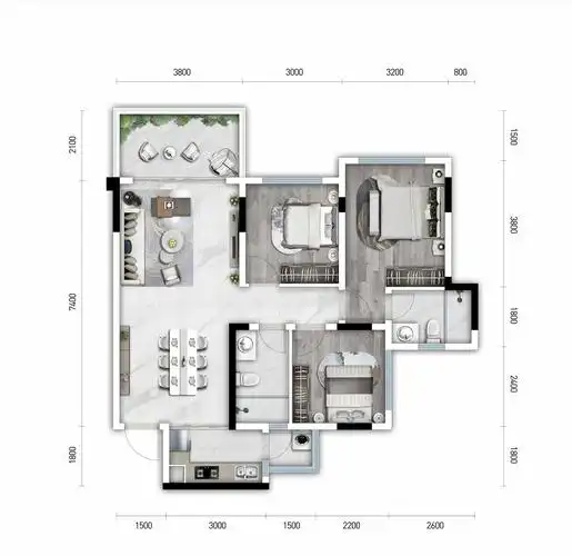 南充阳光·云景台3室2厅2卫户型图-南充楼盘网