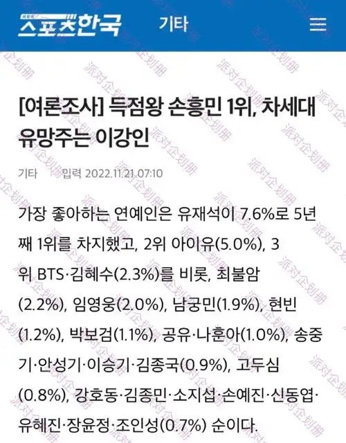 韩国人喜爱的艺人排名