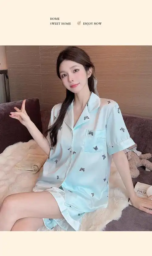 源兴2162甜美风蝴蝶高级感仿真丝睡衣短袖短裤家居服套装(官图) - 17