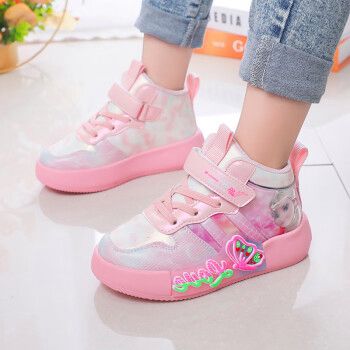 乔丹格兰儿童鞋子春秋韩版女孩高帮休闲板鞋软底女童卡通运动鞋潮粉色