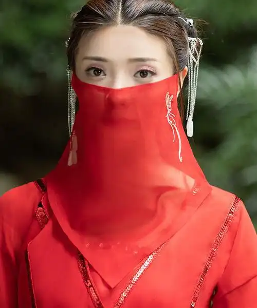 新古风刺绣花面纱复古代汉服遮脸挂耳超仙古装汉服蒙面纱巾 红色2