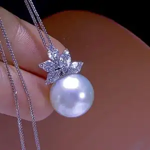 澳洲澳白珍珠吊坠单颗18k金极强光11-14mm大颗海水珍珠项链镶钻石