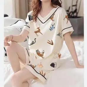 棉质v领睡衣女夏季 套头家居服 卡通少女小个子短裤 短袖 - 女士内衣