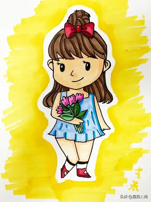 儿童画|综合创意美术课程|7-9岁|q版人物创作捧花小女孩