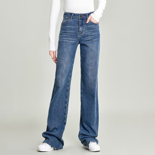 marche欧美风毛边直筒牛仔裤女式加长拖地裤2024春款