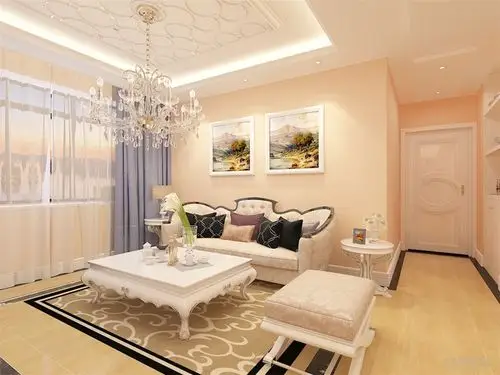 家具装饰以白色为主,客厅放置白色三人皮质欧式沙发,,一侧放置单人