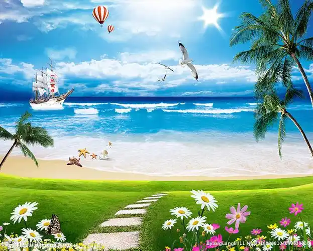 一帆风顺海边风景海滩装饰画图片