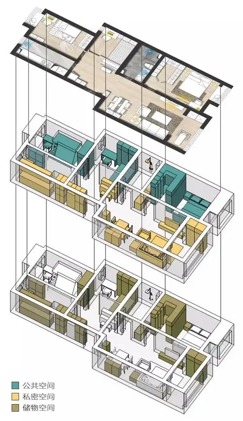 90㎡小三居立体户型图