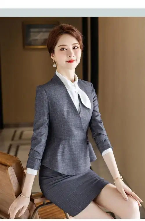 女时尚套裙气质女神范职业装美容院前台珠宝店工作服蓝色外套裙子衬衫