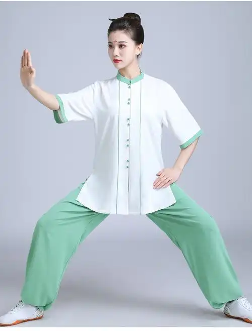 山人运动太极服女新款夏装短袖武术服练功服中老年太极拳服装浅绿色l