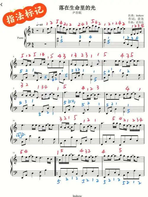 成人钢琴0基础落在生命里的光标记指法