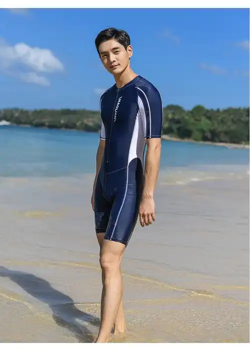 2019男士游泳衣连体短袖五分泳裤成人专业训练青少年学生速干泳装_91