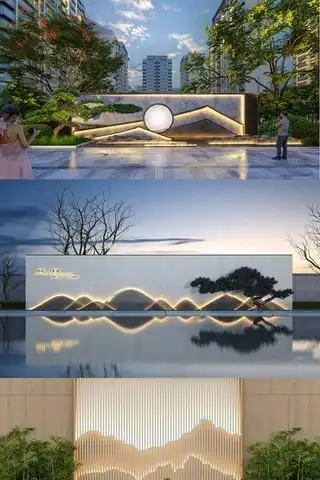 新中式景墙围墙流水山水景墙水幕墙su模型 skp