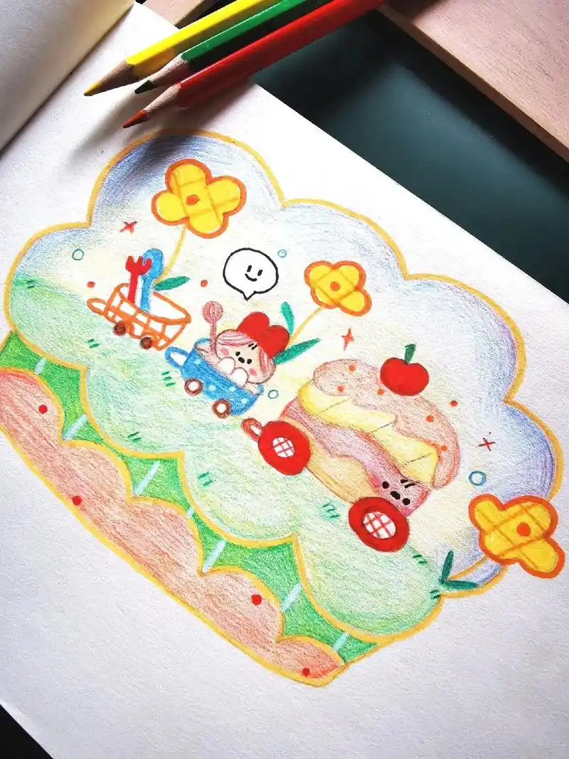 超可爱.#蛋糕汽车 #儿童画  #彩铅画 #彩铅手绘 #彩铅 - 抖音