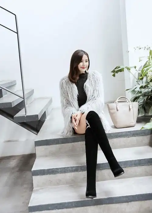 红蜻蜓真皮靴子专柜同款【瘦腿显高】磨砂中高跟过膝长靴子女精致水钻