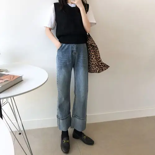 一折翻边牛仔裤女直筒九分冬