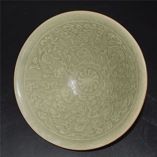 宋代耀州窑刻花婴戏图斗笠碗古董古玩老货仿古瓷器复古摆收藏摆件