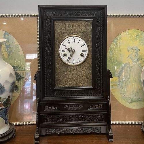 中式实木檀木插屏钟半点整点报时走时15天机械钟