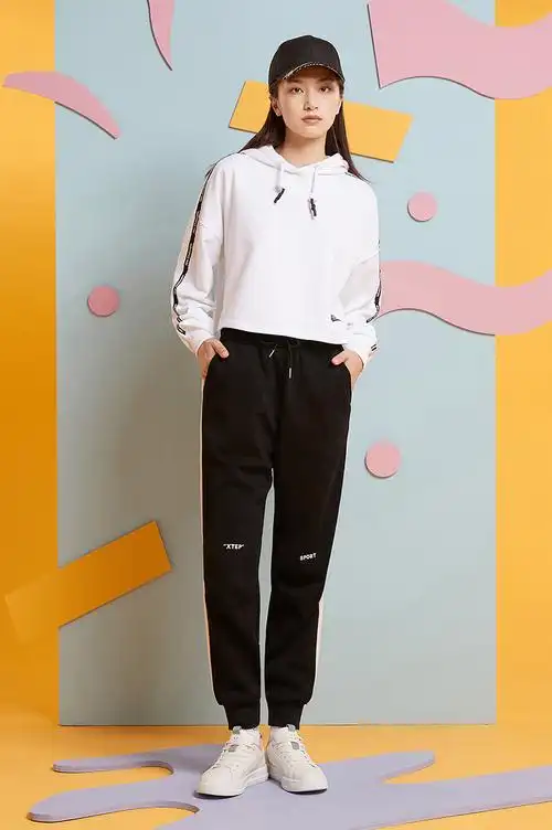 特步运动裤女秋冬季新款女裤宽松收口小脚加绒运动长裤休闲裤女裤黑l