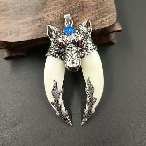 狼王双牙仿狼牙饰品吊坠 [黑皮绳]