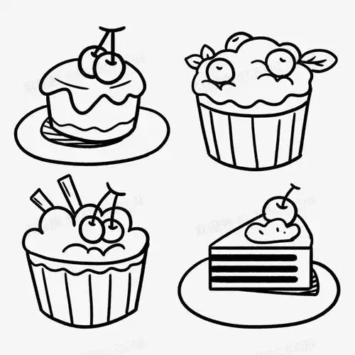 一组卡通手绘线稿甜点元素
