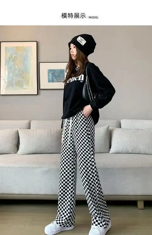 黑白格子裤女春秋年高腰垂感阔腿裤小个子棋盘格裤子黑白格常规款无