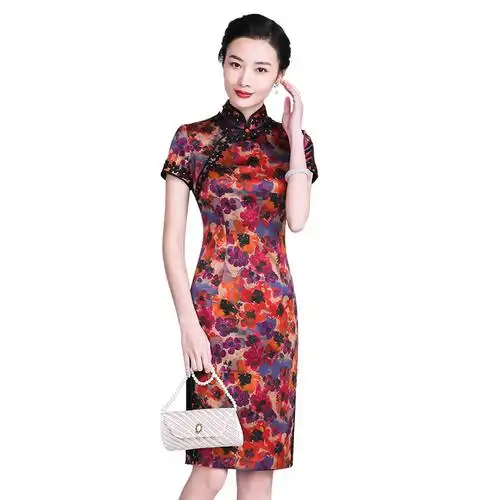 钱塘佳人重磅桑蚕蚕丝真丝旗袍2020年新款改良短袖旗袍