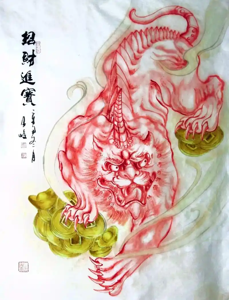 朱砂墨绘制生宣工笔画貔貅2#国画 #绘画 #书画收藏 #每日 - 抖音