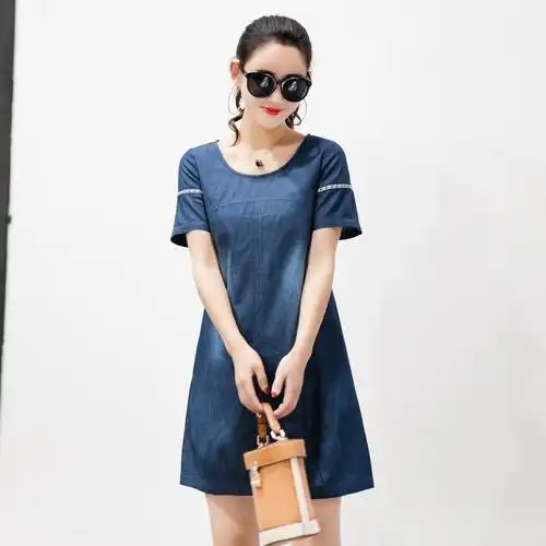 2017夏季夏装中长新款女装韩版休闲显瘦a字短袖牛仔连衣裙子薄款