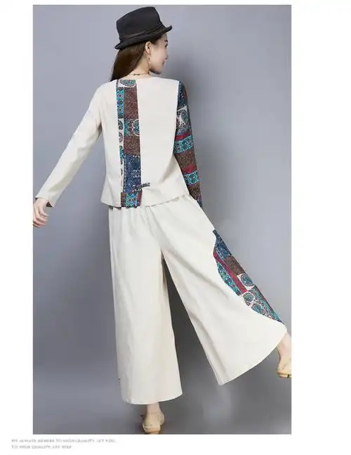 2019新款复古中国风女装唐装棉麻民族风套装女春秋季两件套女宽松