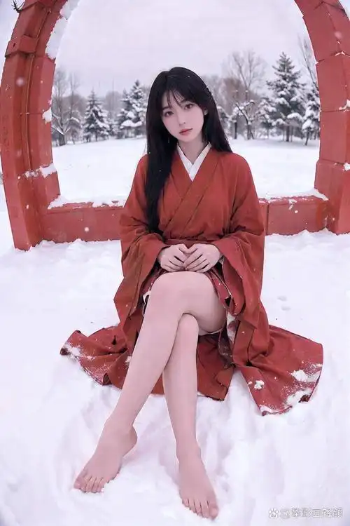 穿着一身红色的汉服,在大雪纷飞的冬天,光着脚丫子在冰凉的地面上