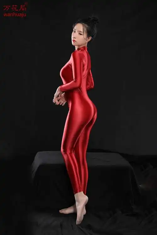 连身衣油亮柔滑丝滑长袖长裤双头拉链开裆连体衣女红色拉链开过裆连身