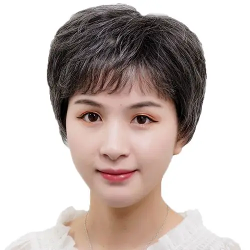 老奶奶花白短发真发气质短卷发老人假发奶奶发型整顶假发