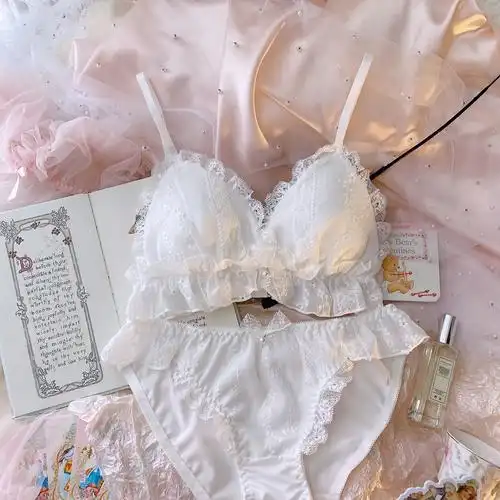 hlcoman宫廷少女日系内衣小仙女白色雪纺甜美蕾丝无钢圈三角杯文胸