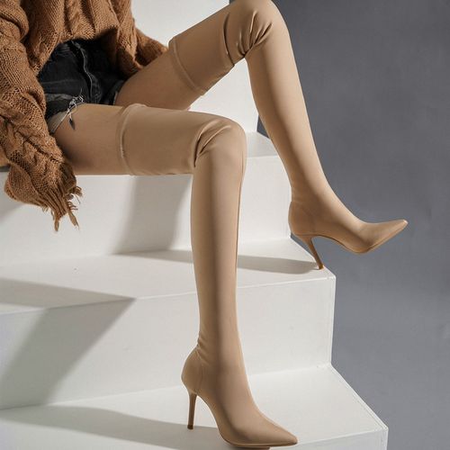 2021春秋新款长筒靴尖头高跟过膝长靴女细跟性感弹力靴显瘦卡其色