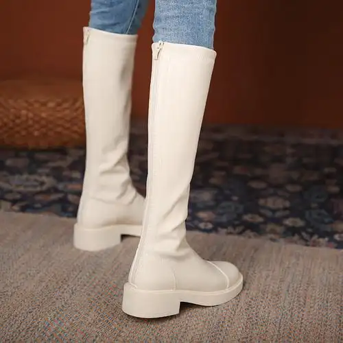 【黎莎】白色高筒靴秋冬弹力瘦瘦靴不过膝靴子女内增高马丁长筒靴