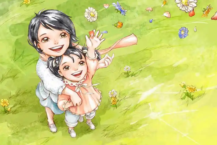 东方人,儿童,两个人,家庭,母亲,女儿,笑,微笑,露齿笑,横图,俯视,插画