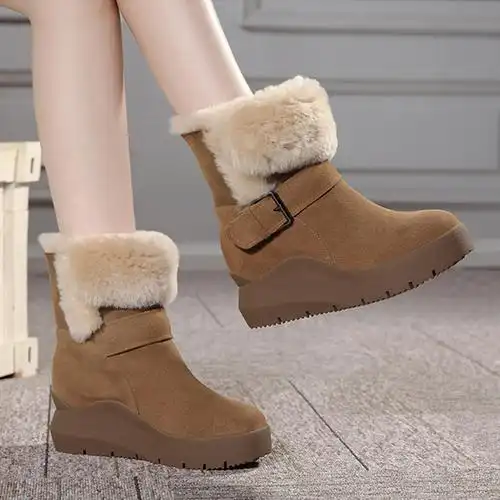 百丽夏冬天棉鞋女加绒保暖懒人厚底内增高中筒羊皮毛一体雪地靴女_7折