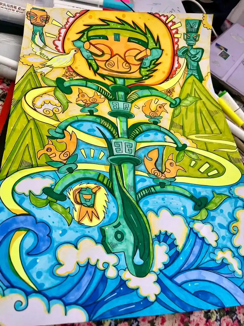 三星堆文化主题画78#画画 #手绘 #马克笔手绘 #画画#三星 - 抖音