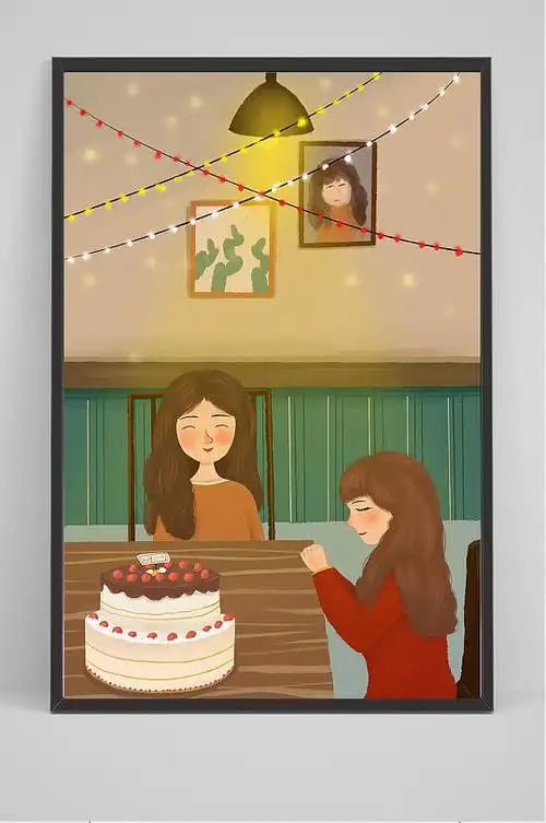 手绘过生日的女孩在许愿插画设计