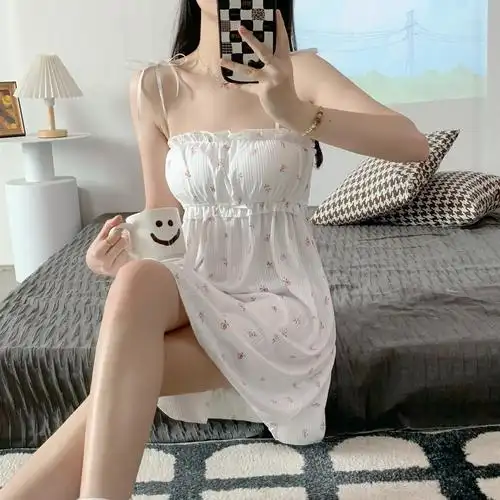 性感棉质吊带睡裙女夏季低胸大码甜美碎花收腰连衣裙私房家居短裙