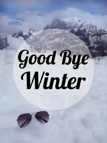 "再见冬天"模糊的雪山背景上的报价