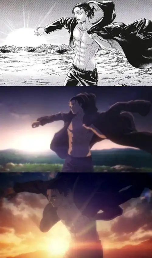 最新一集中,漫画中非常经典的艾伦披上衣的画面直接被魔改了.有的时