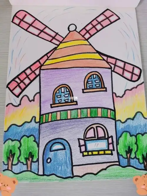 儿童彩铅画素材风车房子场景简笔画