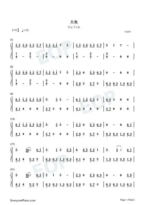 大鱼-c调简单版-一首值得去反复聆听和传唱的歌曲双手简谱预览1-钢琴