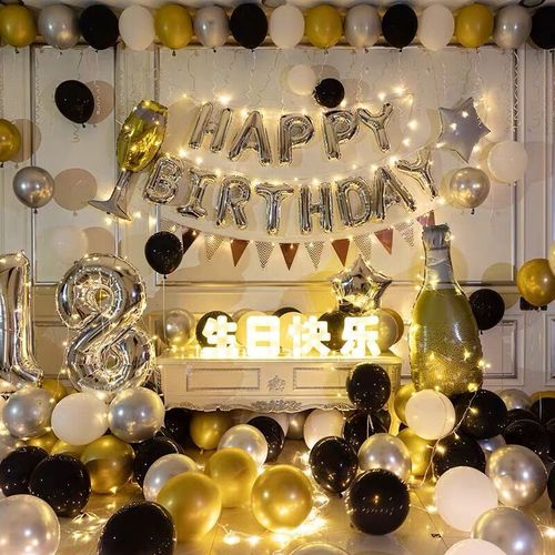 生日快乐装饰派对趴体女孩男生场景布置气球男朋友生日背景墙黑金银