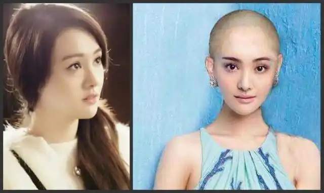 郑爽的光头照,感觉有点不自然,可能是脸太尖了吧,不过还是挺好看的.